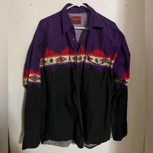 RUSTLER By Wrangler Aztec Western Colorblock Button Down Purple Black Men's Sz L